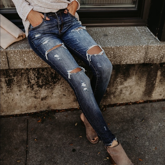 Distressed Denim Ankle Skinny Dark Wash Jeans - Picture 6 of 9